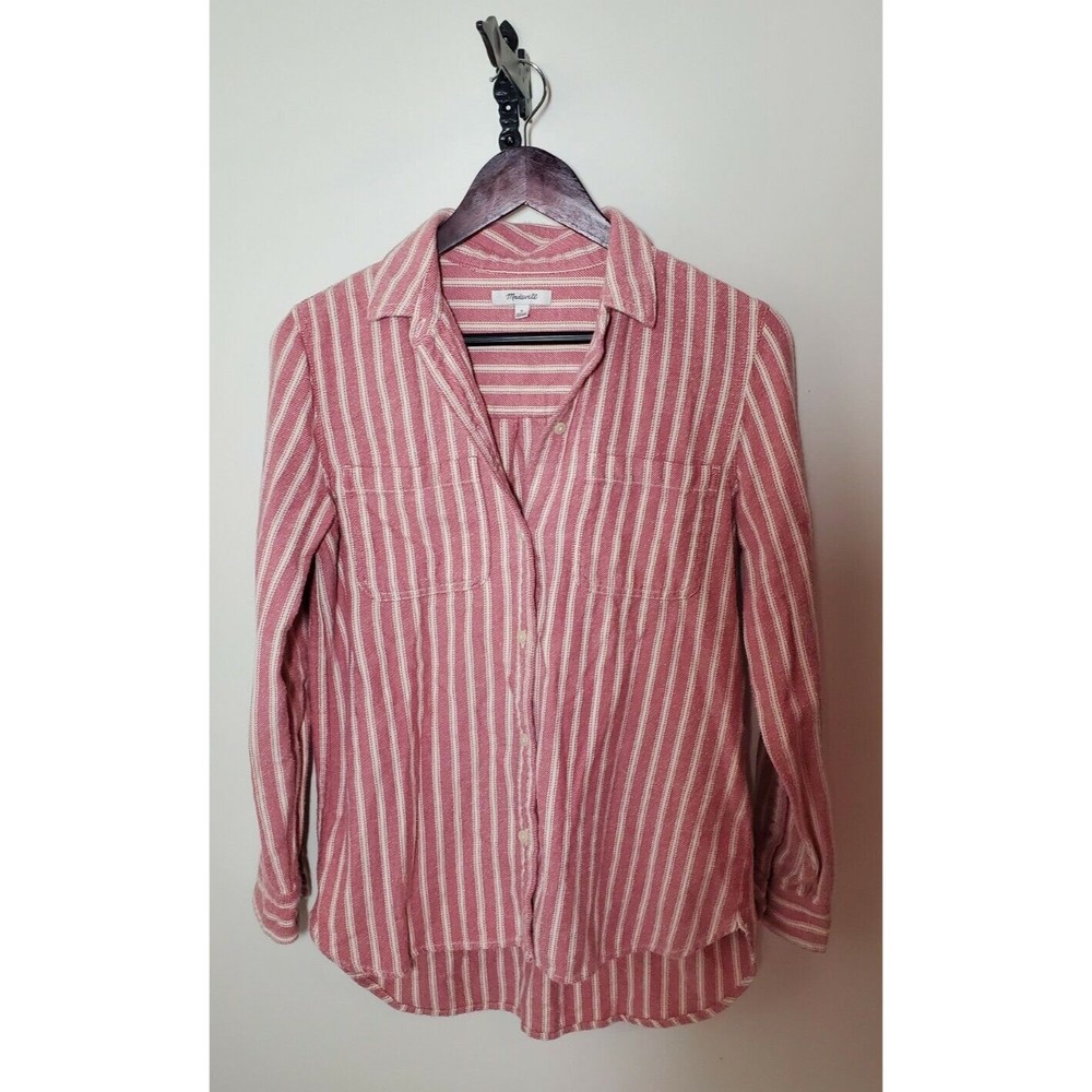 MADEWELL Flannel Button Up Pink White Stripe Shirt Ex Boyfriend Size: Small